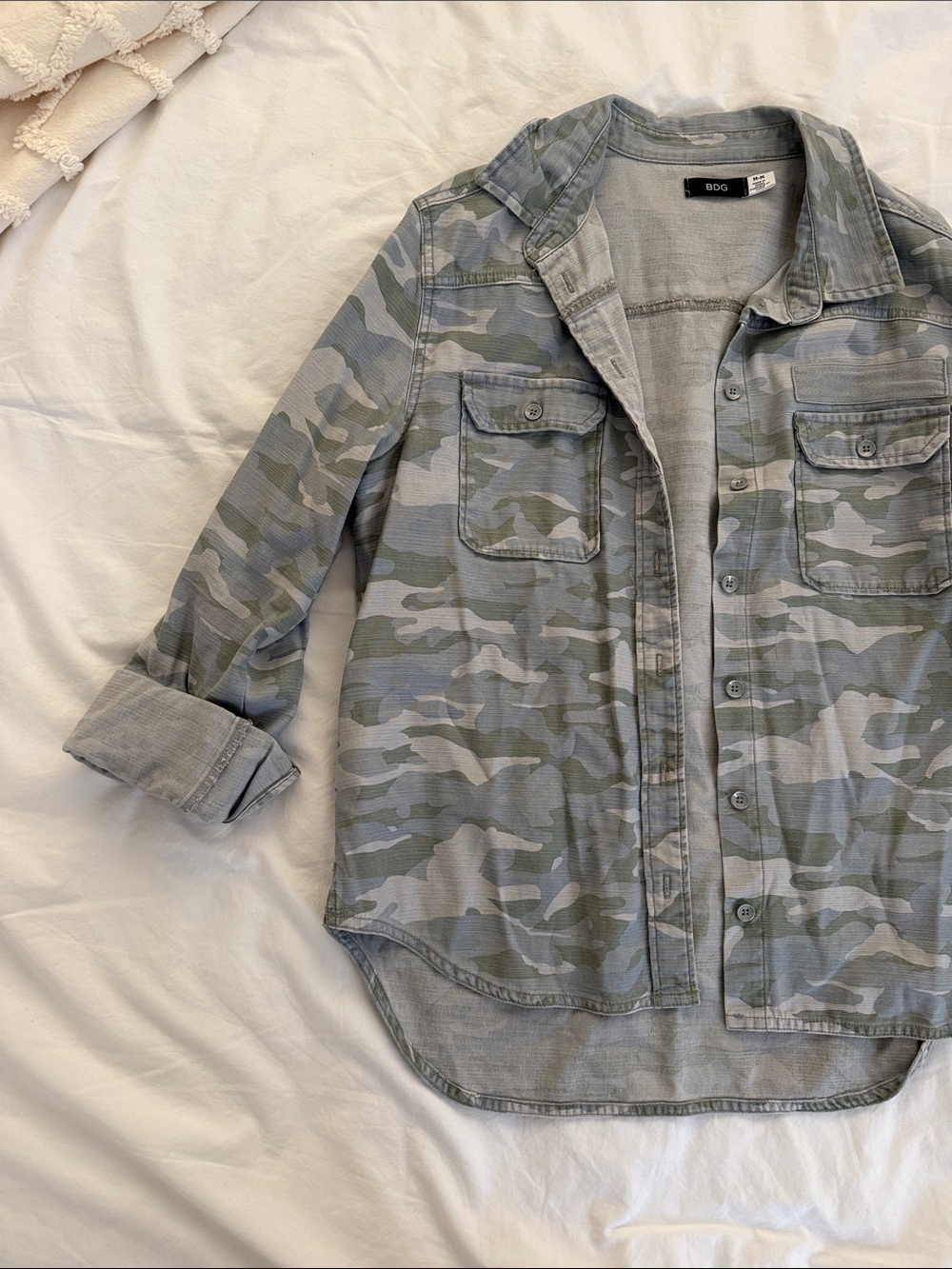BDG Women’s Vintage Camouflage Button-Up Jacket in Gray and Olive medium